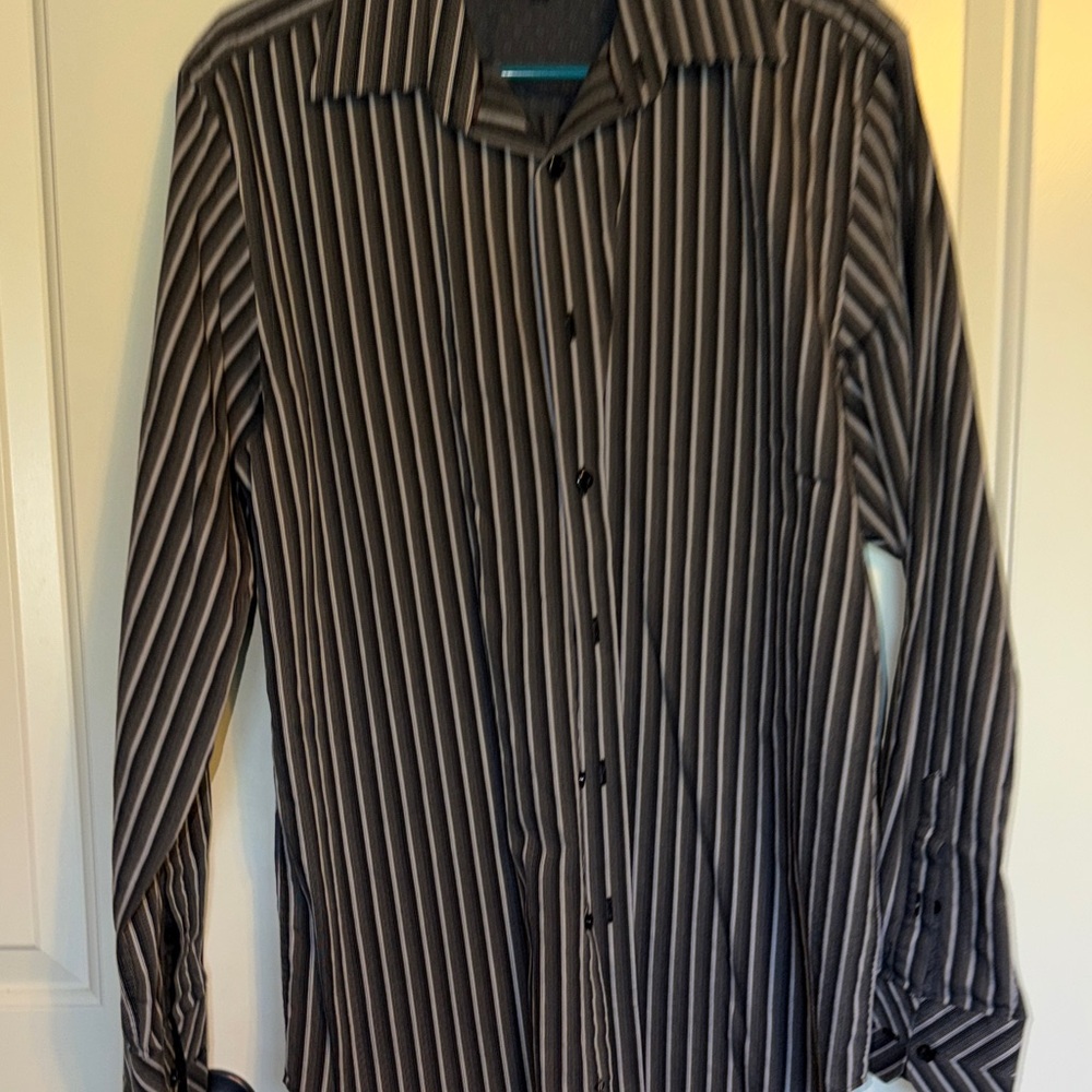 Jeff Banks London Men's Black Dress Shirt with Gray Pinstripes